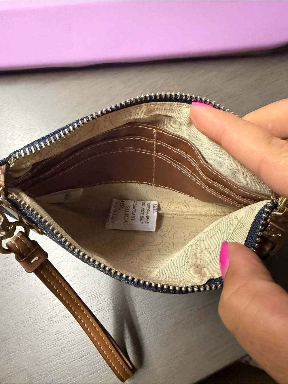 True Religion Denim Wristlet in Navy with Tan Strap